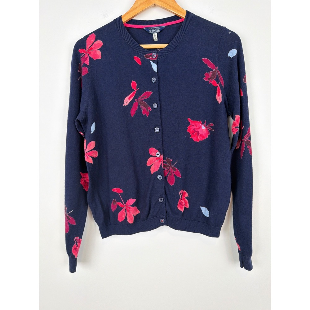 Joules Skye Print Cardigan Women US 6 Navy Pink Floral Button Preppy 100% Cotton